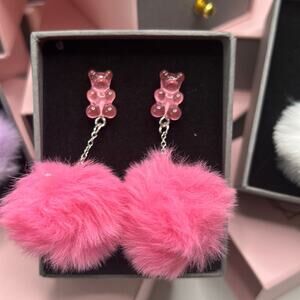 Pink Fuzzy Pom Pom Teddy Bear Earrings Statement Drop New